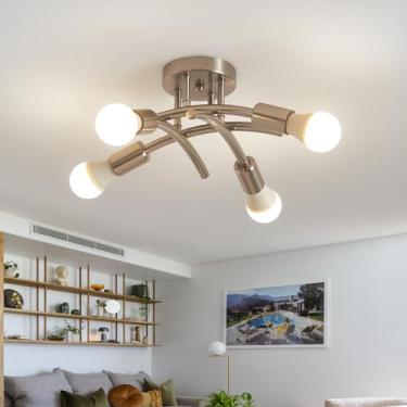 Imagem de BUXVRCS Luminária De Teto Semi-Embutida, Lustres Modernos Sputnik, Luminárias Industriais Para Cozinha, Sala Jantar Com 4 Luzes Quarto (Níquel Escovado)