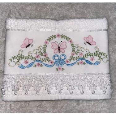 Imagem de Toalha de Rosto Branca com Bordado de Borboletas Rosa, 85% Algodão, Design Delicado