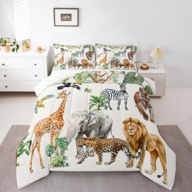 Imagem de Erosebridal Jogo de cama solteiro com estampa de animais zoológicos, macaco e tigre leão, palmeiras tropicais, fazenda e quarto