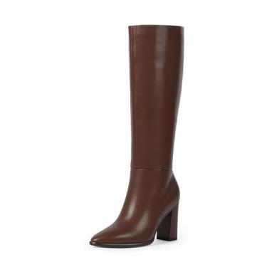 Imagem de Easyfox Botas de cano alto femininas bico fino salto grosso outono botas longas com zíper lateral couro sintético botas femininas, Marrom PU, 35