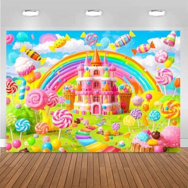 Imagem de Ine Ive Candyland Pano de fundo colorido pirulito doce doce desenho animado castelo arco-íris fundo fotográfico 2,1 x 1,5 m poliéster crianças meninas chá de bebê tema doce festa de aniversário faixa