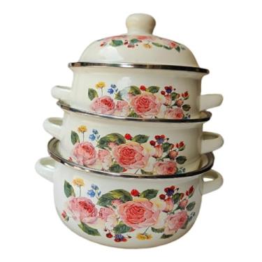 Imagem de Fenteer 3 peças de panelas esmaltadas, potes de sopa, utensílios de cozinha, conjunto de panelas esmaltadas com padrão floral, de fundo plano para cozinha, Style C