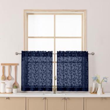 Imagem de Chyhomenyc Cortinas transparentes azul marinho 61 cm de comprimento, cortina de cozinha pequena com filtro de luz com folhas tufadas texturizadas sobre a pia, cortinas curtas de meia janela para porão