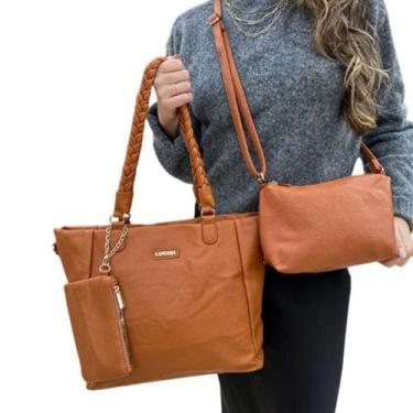 Imagem de Kit 3 Peças Bolsa Grande Feminina Zíper Alça Trança Trançada Tote Nece