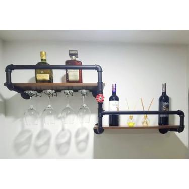 Imagem de Prateleira de vinho montada na parede de 2 camadas, garrafa de vinho rústica de 110 cm, prateleiras flutuantes para bar de bebidas com suporte de vidro de 4 hastes, cozinha moderna industrial, sala de