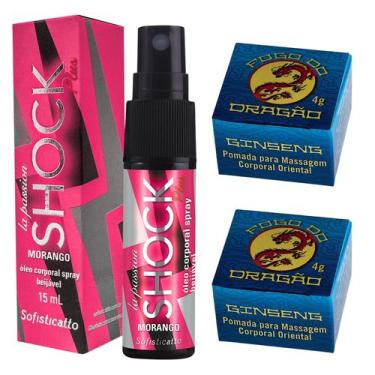 Imagem de Kit 1 Óleo Spray Shock Plus Morango + 2 Pomada Fogo do Dragão Ginseng 