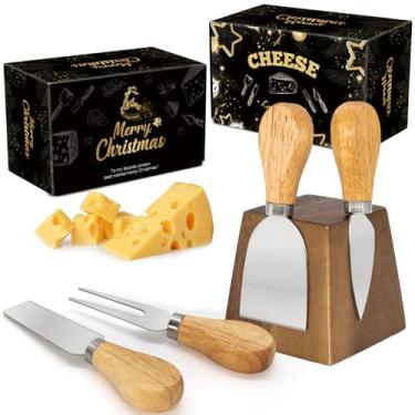 Imagem de Conjunto de facas de queijo para charcutaria - 4 facas de queijo pequenas de aço inoxidável e garfo com suporte magnético de madeira de acácia - Acessórios para tábua de charcutaria