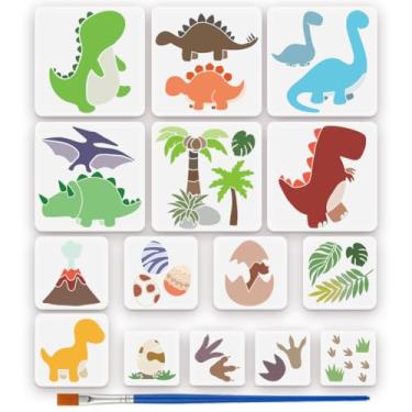 Imagem de FINGERINSPIRE 15 peças de estêncil de dinossauro, 3 tamanhos, estênceis de pintura de animal de estimação, conjunto de estêncil com tema pré-histórico, pegadas, modelos de ovos de vulcão com pincel de