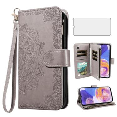 Imagem de Asuwish Capa de celular para Samsung Galaxy A23 5G/4G capa carteira celular com protetor de tela de vidro temperado e flor flip porta-cartão de crédito suporte A 23 23A 6,6 mulheres homens cinza