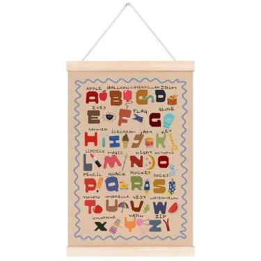 Imagem de laveliabel Moldura de cabide de pôster do alfabeto, decoração de parede de berçário, pôster colorido do alfabeto com cabide de madeira, decoração de arte de parede educacional ABC para quarto de