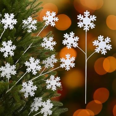 Imagem de Threehoney 12 palhetas e sprays de flocos de neve para árvore de Natal de 39,9 cm, hastes de plástico branco com glitter, flocos de neve, enchimentos de árvore de Natal, galhos, varas brancas de Natal