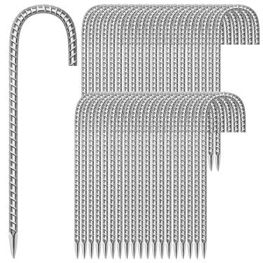 Imagem de Pacote com 40 estacas de vergalhão para jardim, 30 cm, aço galvanizado, antiferrugem, gancho em forma de J, âncoras de solo resistentes para tendas, kits de posição, cercas e tecido paisagístico de