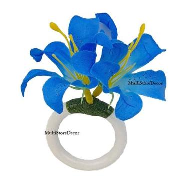 Imagem de KIT 04 Argola Porta Guardanapo Anel Flor de Lírio Azul Floral Mesa Pos