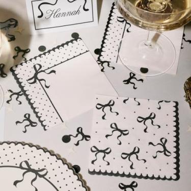 Imagem de xo, Fetti Guardanapos de papel com laço branco + preto | 3 camadas, 24 peças | Amarrando o nó de solteira, decorações de aniversário vintage, configuração de jantar coquete, decoração retrô de chá de