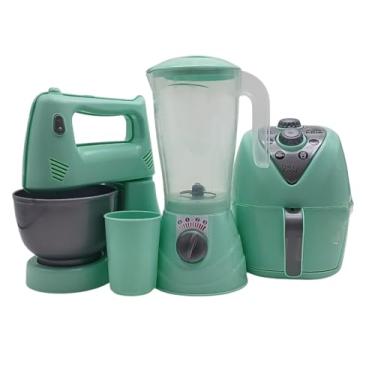 Imagem de Kit Cozinha Infantil 3 Peças, Liquidificador, Batedeira e Fritadeira Air Fryer, Verde e Cinza