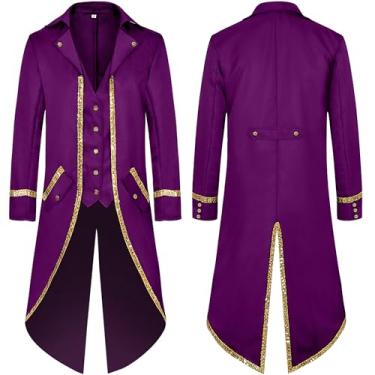 Imagem de SEAUR Sobretudo masculino medieval steampunk casaco longo acabamento dourado gótico vitoriano vintage fantasia de Halloween, Roxa, GG