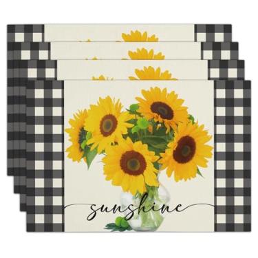 Imagem de Conjunto de 4 jogos americanos de girassol, 30 x 45 cm, impermeável, lavável e resistente ao calor, jogo americano de mesa para jantar, restaurante, decoração de casa de fazenda, decoração de mesa