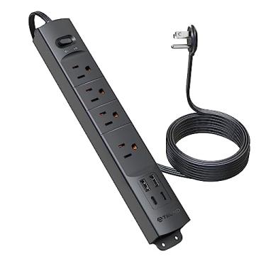 Imagem de TROND Cabo de extensão plano com plugue plano USB - 3 m, protetor contra surtos, suporte de parede, 2 portas USB C e 2 portas USB A com várias tomadas, 1440J, 1625W para material de escritório