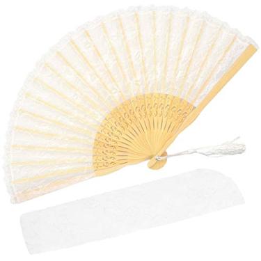 Imagem de Zolee Pequeno ventilador de mão dobrável de renda sexy - leques de seda de bambu vintage japonês chinês - para dança, apresentação, decoração, casamento, festa, presente (branco) 0302