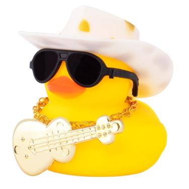 Imagem de wonuu Decoração de painel de carro pato de borracha, ornamentos de patos de carro com mini pontos chapéu de cowboy colar óculos de sol guitarra (branco dourado)