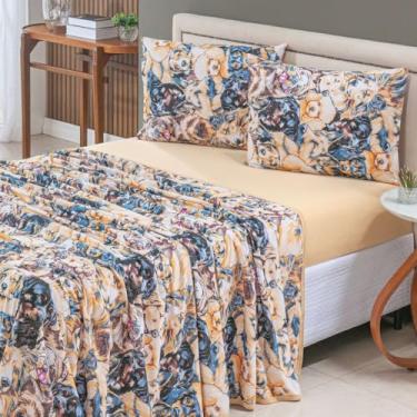 Imagem de Jogo de Cama 4 Peças 100% Algodão Lençol com Elástico e Lençol de Cima + Fronhas com Zíper – Anti Pilling – Acabamento em Viés - Solteiro, Casal, Queen e King. (Laranja Folhagem, Queen)