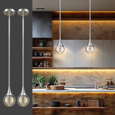 Imagem de 2 luzes pendentes ilha de cozinha, globo prateado cromado cristal luzes penduradas no teto, luminárias de LED, varão de metal, iluminação pendente de vidro para cozinha, ilha, sala de jantar, bar