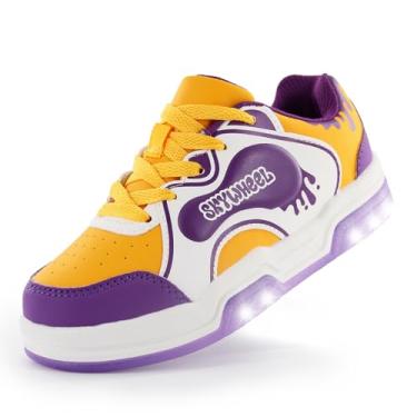 Imagem de SKYWHEEL Tênis infantil pequeno/grande, leve, moderno, controle com botão, tamanho 11C-3C, Sapatos iluminados amarelo/roxo com interruptor, 16
