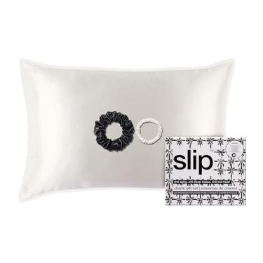 Imagem de slip Conjunto de presente charmoso – Fronha de seda rainha branca com acabamento em renda, elástico grande preto e elástico skinny branco – Cabelo de seda amoreira pura e essenciais para dormir