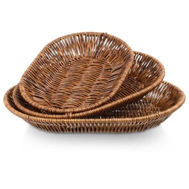 Imagem de Conjunto de 3 cestas de pão para servir, cesta pequena de vime, tigelas de armazenamento de vime, cesta de colheita de frutas, cestas de servir alimentos tecidas à mão, bandejas para organizar balcão