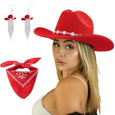 Imagem de JIANGLAI Chapéu de cowgirl ocidental para mulheres e homens, chapéu de cowboy Fedora de aba larga com strass e brincos de borla de vaqueira, Vermelho, tamanho �nico