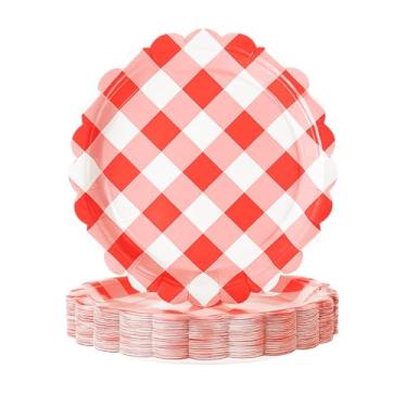 Imagem de sunepany 50 peças de pratos de papel guingão vermelho, pratos de sobremesa quadriculados de 22 cm, pratos de festa vermelhos descartáveis, para revelação de gênero, Natal, aniversário, churrasco, chá
