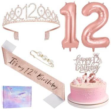 Imagem de Ainiv Decorações de aniversário de 12 anos para meninas, topo de bolo feliz décimo segundo, faixa e tiara de 12º aniversário, conjunto de velas e balões com número de ouro rosa para meninas presentes