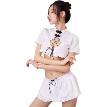 Imagem de QNCLO Lingerie feminina de renda chinesa com gola alta, gola alta, estilo japonês (branca)