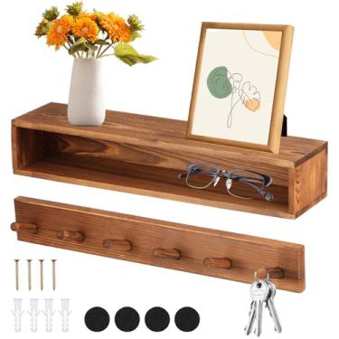 Imagem de Cabide de madeira montado na parede, prateleira de parede de entrada de madeira resistente com 6 ganchos, prateleira de parede para pendurar na entrada para chaves, carteira, guarda-chuva, chave