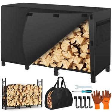 Imagem de Tetutor Rack de lenha ao ar livre com capa, rack de madeira de fogo de 1,2 m ao ar livre, armazenamento de lenha com ganchos de ignição, suporte de troncos de metal resistente para lareira interna