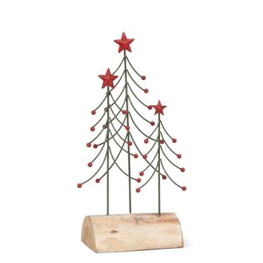 Imagem de Abbott Collection Estatueta decorativa de árvores pequenas em base de tronco - metal/madeira, verde/vermelho (24 cm A)