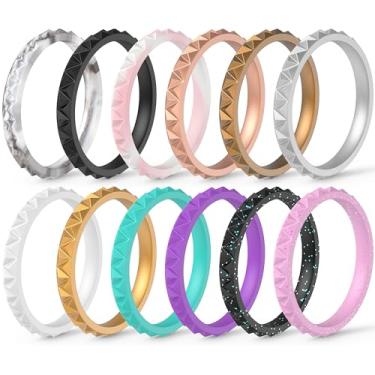 Imagem de ThunderFit Alianças Femininas em Silicone (sem metal/pedra) – Anéis de Casamento Empilháveis com Textura Triangular – 2,5mm largura, 2mm espessura – Pacote Variado 1/4/8/12/16