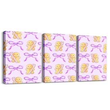 Imagem de Feelyou Arte de parede roxa em tela de Natal para sala de estar quarto crianças 30,5 x 40,6 cm x 3 peças linda imagem de homem de gengibre de Natal decoração de parede banheiro meninos meninas kawaii