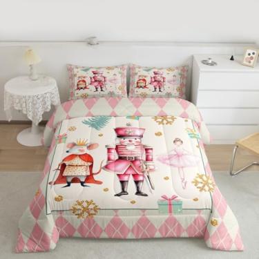 Imagem de Feelyou Conjunto de edredom de Natal Quebra-Nozes para todas as estações, princesa e cavaleiro, com 1 fronha, linda árvore de floco de neve, microfibra, roupa de cama solteiro, rosa, xadrez, edredom