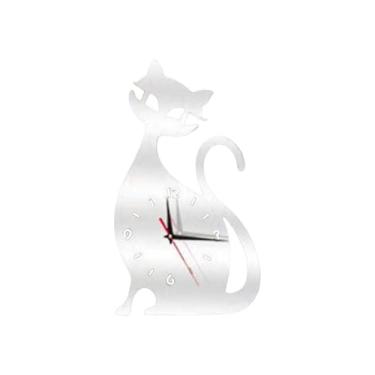 Imagem de Wswqop Gato Relógio de Parede Quarto Dos Miúdos Decorativo Engraçado Silencioso Pendurado Relógio Movimento Silencioso Sala Estar, Prata, Tamanho real