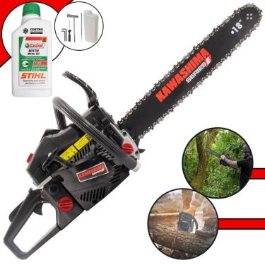 Imagem de Motor Serra Kawashima KCS-520E À Gasolina 50,8cc Com Sabre 18’` Profissional Com Carcaça de Alumínio Ideal Para Desdobra de Madeira + ÓLEO STIHL 2T