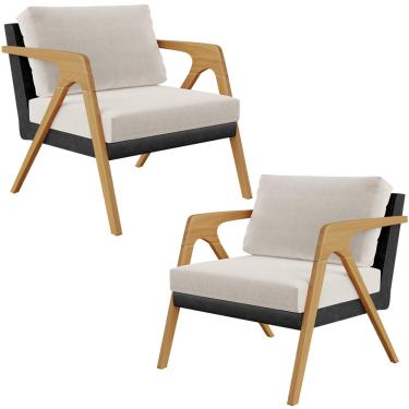 Imagem de Kit 02 Poltronas Decorativas Sala Estar Pietra L02 Couríssimo Preto Linho Cru - Lyam Decor