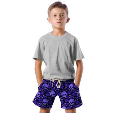 Imagem de Shorts Infantil Bermuda Calção Praia Verão Caveira Morcego Flores Roxo