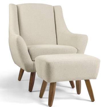 Imagem de Poltrona Decorativa Fixa com Puff Pés de Madeira Juliet D02 Algodão Bege C-370 - Lyam Decor