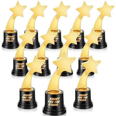 Imagem de Leinuosen Pacote com 12 mini troféus de abóbora de futebol de Halloween para prêmios, copos de troféu de plástico para participação de 11,5 cm de ouro para eventos esportivos (estrela)