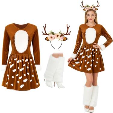 Imagem de Haysandy 4 peças de fantasia de veado adulto de Natal para mulheres, vestido de veado, chifres de rena, faixa de cabeça, polainas felpudas (grande)