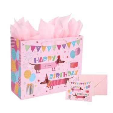Imagem de Sacolas Grandes para Lembrancinhas Aniversário Cachorro, 32 cm Sacolas Feliz Aniversários Cachorros Dachshund com Envelopes de Papel para Decoração Festa Aniversário Cachorro