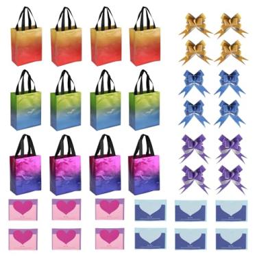 Imagem de Kit reutilizável de 36 peças, 3 sacos de lembrancinha de festa em cores gradientes com laço e cartão comemorativo, sacos de presente iridescentes com alça para aniversário, casamento, férias, Natal