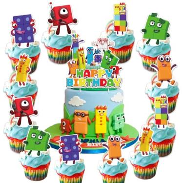Imagem de 25Pcs Number Blocks Birthday Party Supplies Pack Includes 1 Cake Topper 24 Cupcake Toppers for Number Blocks Party Supplies