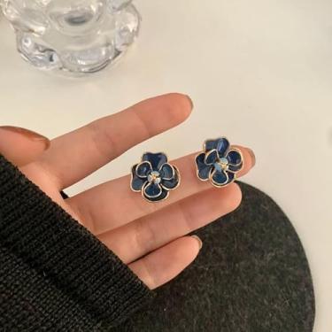 Imagem de Brincos de camélia azul marinho, elegantes brincos de liga floral para mulheres, joias de flores de inspiração vintage, brincos hipoalergênicos para o dia a dia, Standard, Metal, Sem pedra preciosa